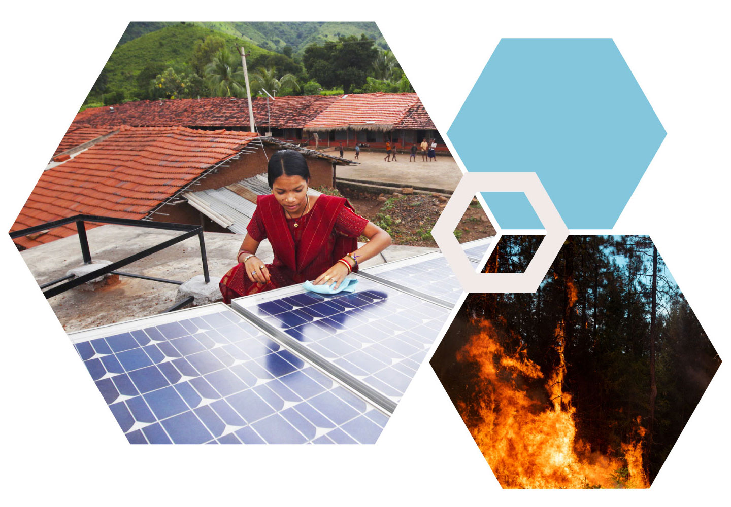Hexagon collage with an image of a woman cleaning solar panels, a blue hexagon, and a forest fire.