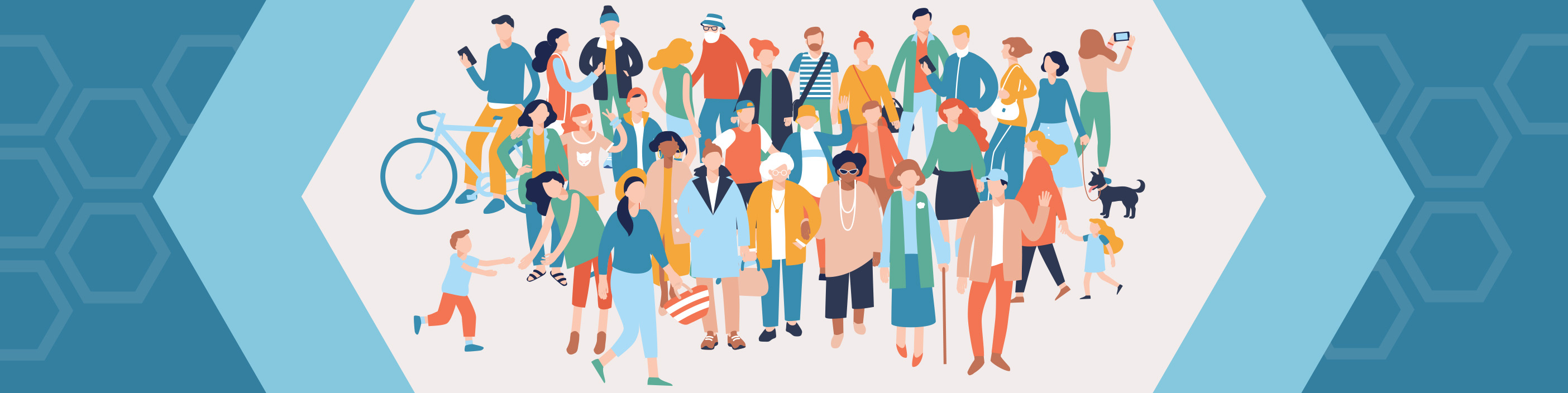 Illustration of a diverse group of people, including children, adults, and seniors, some with pets or bikes, on a hexagon background.